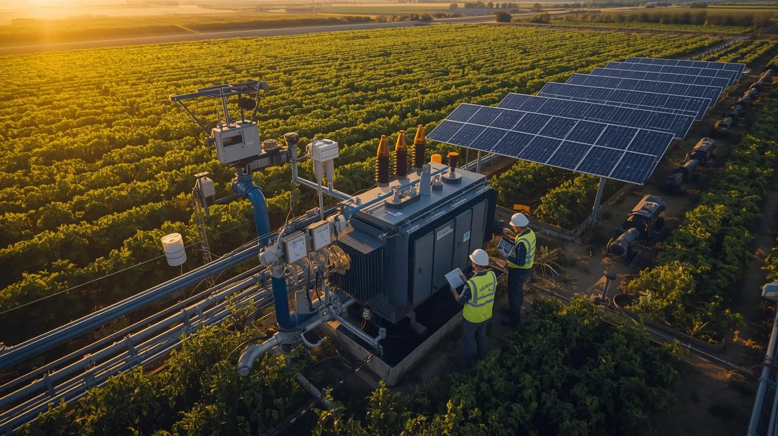 Vista aérea de técnicos ASR Eléctricos trabajando en faena agrícola con paneles solares en la Quinta Región