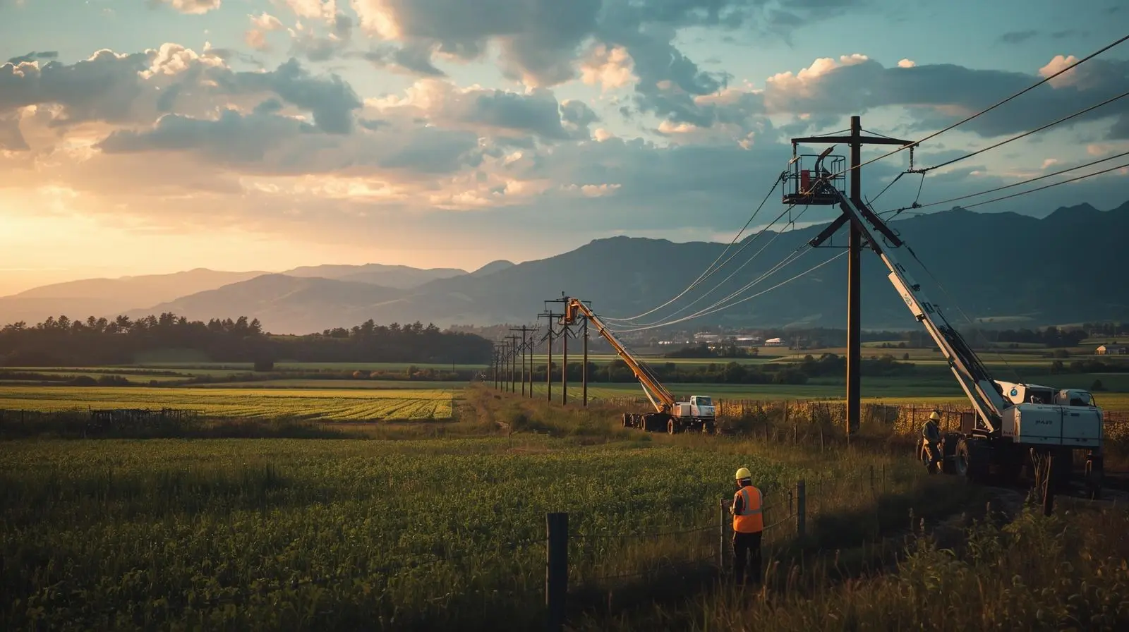 Tendido de líneas aéreas eléctricas en zona rural con montañas de la Quinta Región al fondo