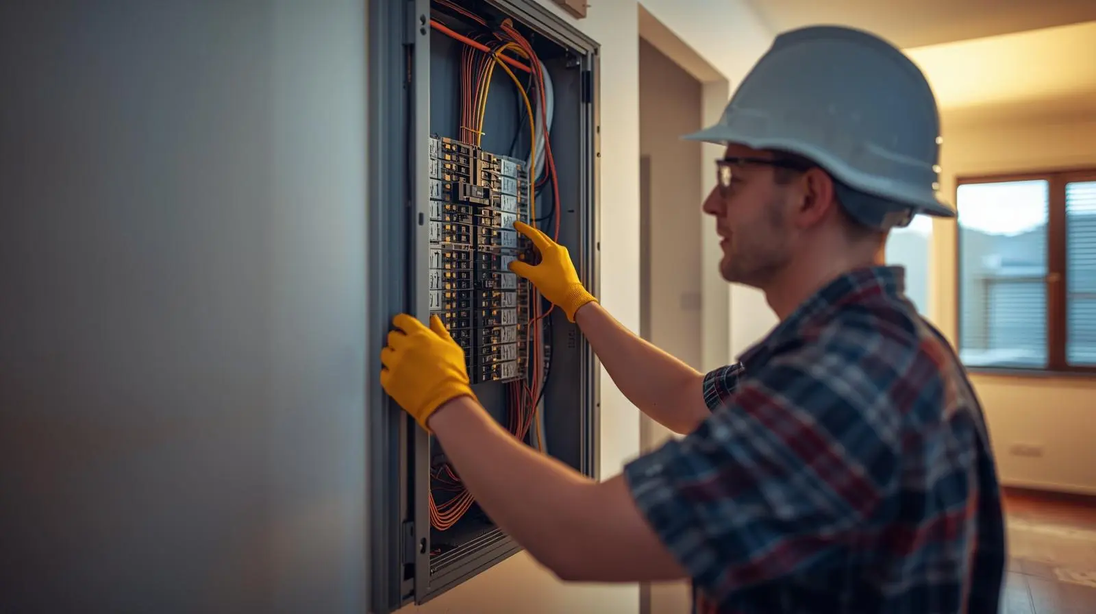 Técnico instalando y revisando tablero eléctrico en hogar residencial